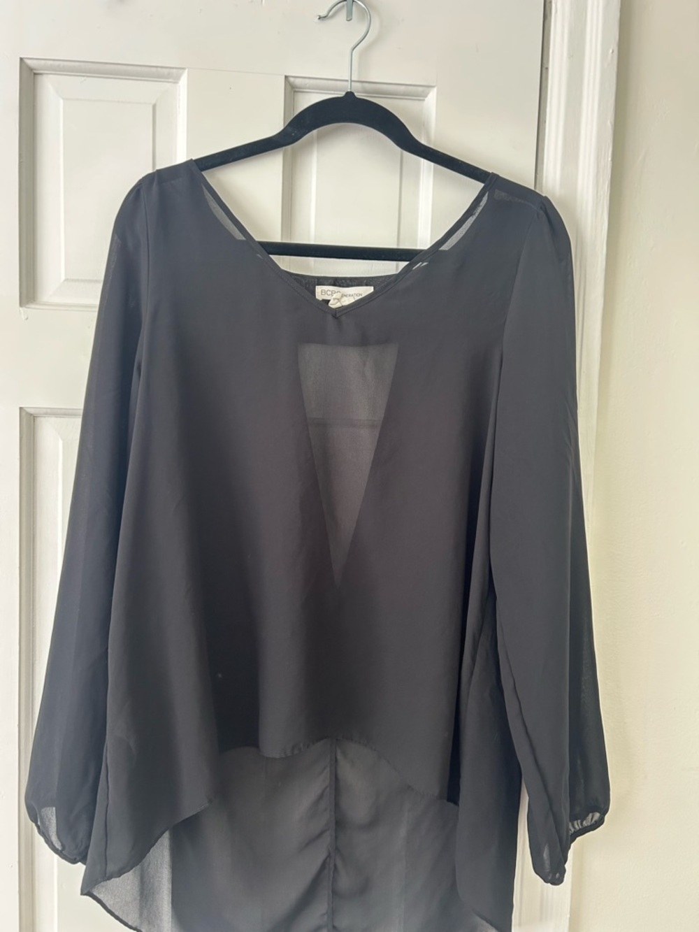 BCBGeneration Black Sheer V-Neck Long Sleeve Blouse